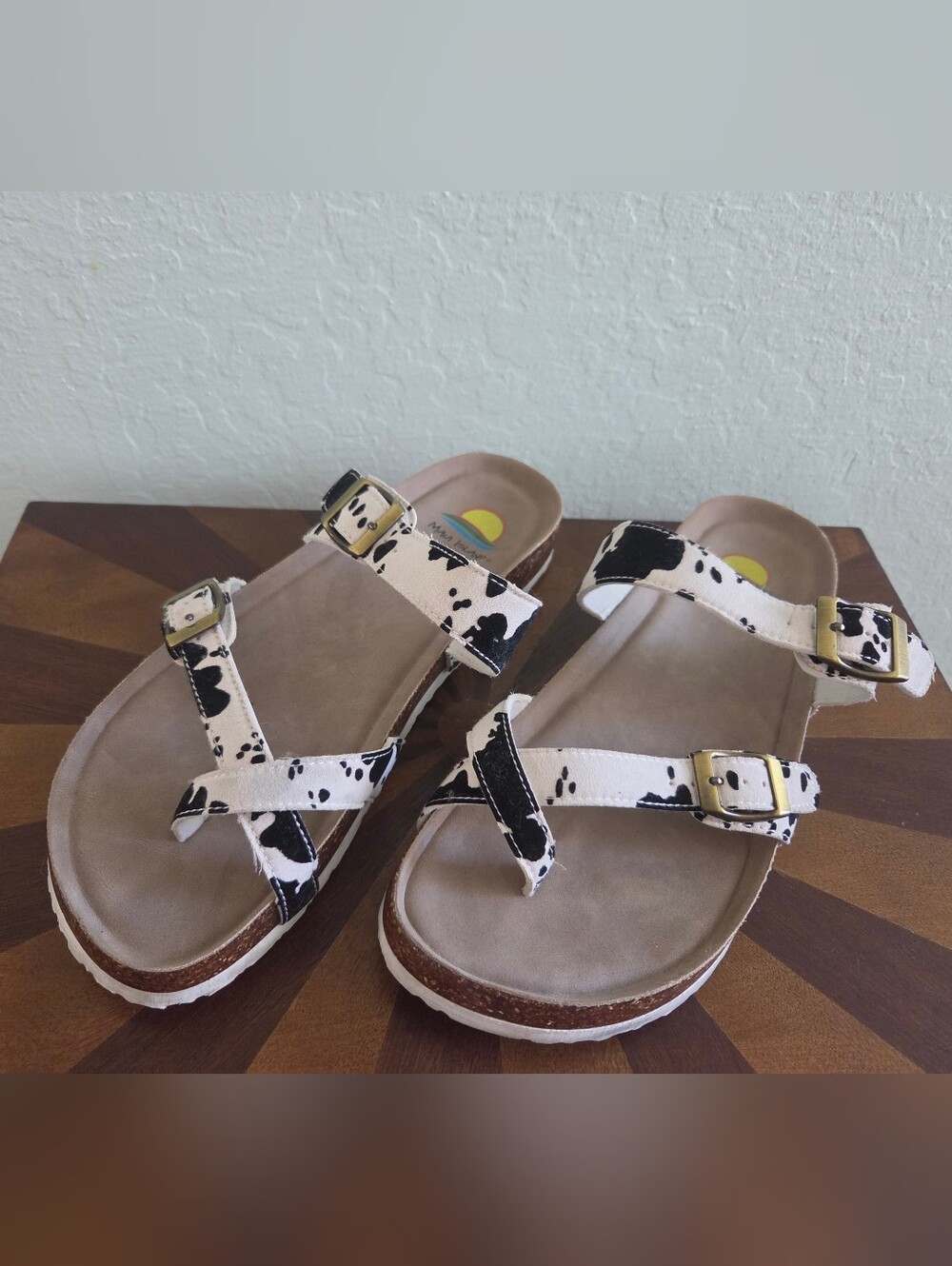 Maui Island Cow Print Buckle Sandals in White & Black Women's 10